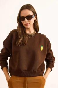 Olalook Women's Brown Lemon Embroidered Fleece Crop Thick Sweatshirt - Image 2