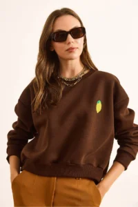 Olalook Women's Brown Lemon Embroidered Fleece Crop Thick Sweatshirt - Image 3
