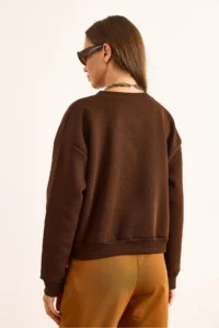 Olalook Women's Brown Lemon Embroidered Fleece Crop Thick Sweatshirt - Image 5