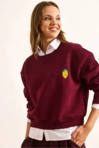 Olalook Women's Claret Red Lemon Embroidered Fleece Crop Thick Sweatshirt