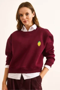 Olalook Women's Claret Red Lemon Embroidered Fleece Crop Thick Sweatshirt - Image 2
