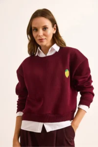 Olalook Women's Claret Red Lemon Embroidered Fleece Crop Thick Sweatshirt - Image 3
