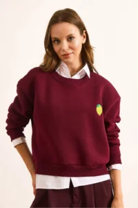 Olalook Women's Claret Red Lemon Embroidered Fleece Crop Thick Sweatshirt - Image 4