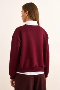 Olalook Women's Claret Red Lemon Embroidered Fleece Crop Thick Sweatshirt - Image 6