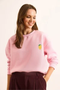 Olalook Women's Candy Pink Lemon Embroidered Fleece Crop Thick Sweatshirt - Image 3