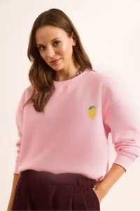 Olalook Women's Candy Pink Lemon Embroidered Fleece Crop Thick Sweatshirt - Image 4