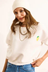 Olalook Women's Ecru Lemon Embroidered Fleece Crop Thick Sweatshirt