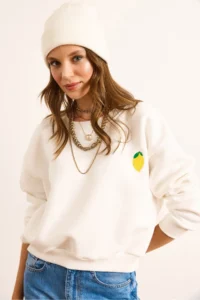 Olalook Women's Ecru Lemon Embroidered Fleece Crop Thick Sweatshirt - Image 2