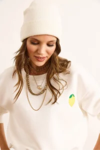 Olalook Women's Ecru Lemon Embroidered Fleece Crop Thick Sweatshirt - Image 4