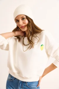 Olalook Women's Ecru Lemon Embroidered Fleece Crop Thick Sweatshirt - Image 5