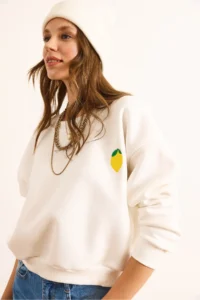 Olalook Women's Ecru Lemon Embroidered Fleece Crop Thick Sweatshirt - Image 6