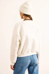 Olalook Women's Ecru Lemon Embroidered Fleece Crop Thick Sweatshirt - Image 7