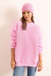 Olalook Women's Candy Pink Premium Shoulder Stitching Detailed Oversize Rose Gold Sweatshirt - Image 2