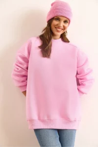 Olalook Women's Candy Pink Premium Shoulder Stitching Detailed Oversize Rose Gold Sweatshirt - Image 3