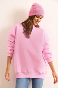 Olalook Women's Candy Pink Premium Shoulder Stitching Detailed Oversize Rose Gold Sweatshirt - Image 4