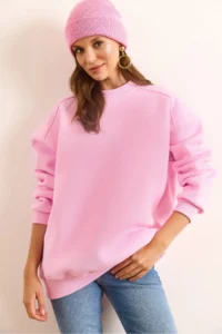 Olalook Women's Candy Pink Premium Shoulder Stitching Detailed Oversize Rose Gold Sweatshirt - Image 5