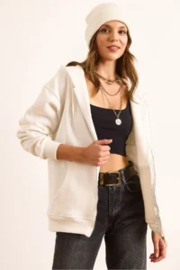 Olalook Women's White Hooded Zippered Oversize Ribbed Sweatshirt - Image 2