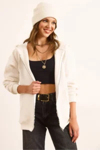 Olalook Women's White Hooded Zippered Oversize Ribbed Sweatshirt - Image 3