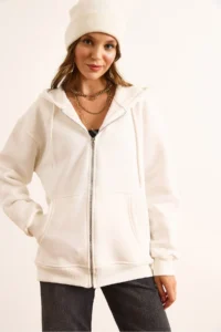 Olalook Women's White Hooded Zippered Oversize Ribbed Sweatshirt - Image 4