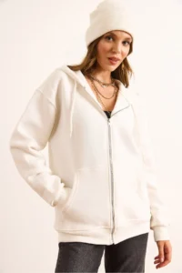 Olalook Women's White Hooded Zippered Oversize Ribbed Sweatshirt - Image 5