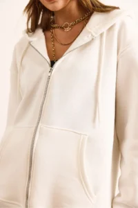Olalook Women's White Hooded Zippered Oversize Ribbed Sweatshirt - Image 6