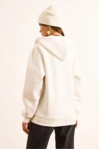 Olalook Women's White Hooded Zippered Oversize Ribbed Sweatshirt - Image 7