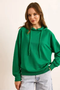 Olalook Women's Green Hooded Soft Textured 2 String Sweatshirt - Image 2