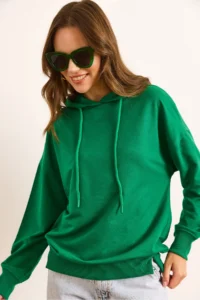Olalook Women's Green Hooded Soft Textured 2 String Sweatshirt - Image 3