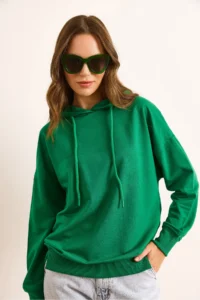 Olalook Women's Green Hooded Soft Textured 2 String Sweatshirt - Image 4