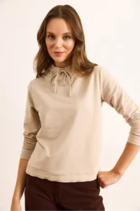 Olalook Women's Beige Turtleneck Lace Detailed Soft Textured 2 String Sweatshirt - Image 2
