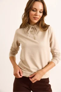 Olalook Women's Beige Turtleneck Lace Detailed Soft Textured 2 String Sweatshirt - Image 3