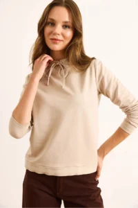 Olalook Women's Beige Turtleneck Lace Detailed Soft Textured 2 String Sweatshirt - Image 4