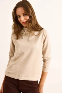 Olalook Women's Beige Turtleneck Lace Detailed Soft Textured 2 String Sweatshirt - Image 6