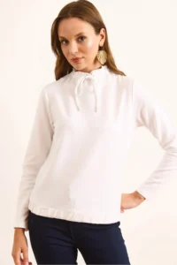 Olalook Women's White Turtleneck Lace Detailed Soft Textured 2 String Sweatshirt - Image 2