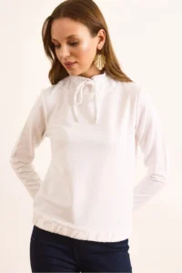Olalook Women's White Turtleneck Lace Detailed Soft Textured 2 String Sweatshirt - Image 3
