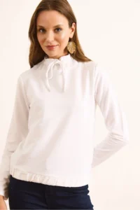 Olalook Women's White Turtleneck Lace Detailed Soft Textured 2 String Sweatshirt - Image 4