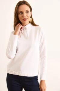 Olalook Women's White Turtleneck Lace Detailed Soft Textured 2 String Sweatshirt - Image 5