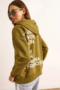 Olalook Women's Khaki Back Printed Hooded Oversize 2 String Sweatshirt