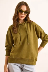 Olalook Women's Khaki Back Printed Hooded Oversize 2 String Sweatshirt - Image 2