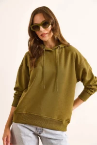 Olalook Women's Khaki Back Printed Hooded Oversize 2 String Sweatshirt - Image 3