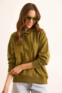 Olalook Women's Khaki Back Printed Hooded Oversize 2 String Sweatshirt - Image 4