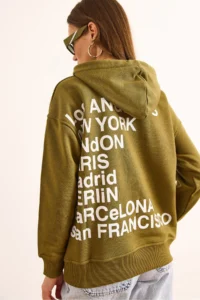 Olalook Women's Khaki Back Printed Hooded Oversize 2 String Sweatshirt - Image 6