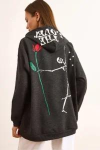 Olalook Women's Anthracite Skeleton Printed Hooded Oversize Sweatshirt