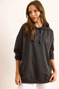 Olalook Women's Anthracite Skeleton Printed Hooded Oversize Sweatshirt - Image 3