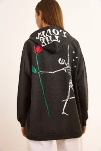 Olalook Women's Anthracite Skeleton Printed Hooded Oversize Sweatshirt - Image 4
