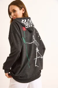 Olalook Women's Anthracite Skeleton Printed Hooded Oversize Sweatshirt - Image 5