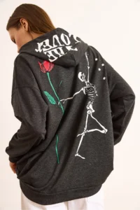 Olalook Women's Anthracite Skeleton Printed Hooded Oversize Sweatshirt - Image 6