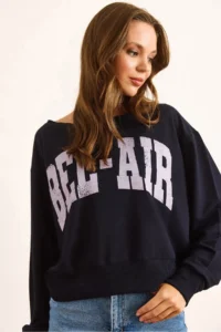Olalook Women's Navy Blue Bel Air Printed Boat Neck Sweatshirt