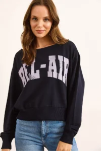 Olalook Women's Navy Blue Bel Air Printed Boat Neck Sweatshirt - Image 2