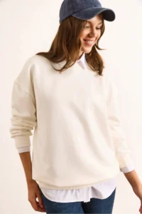Olalook Women's White Stitching Detailed Thick Basic Sweatshirt
